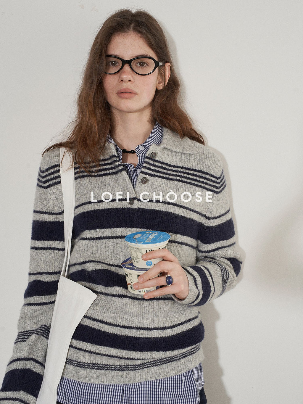 Lofi choose Soft Acrylic Wool Blend Striped Polo Collar Loose Fit Office Knitwear Sweaters