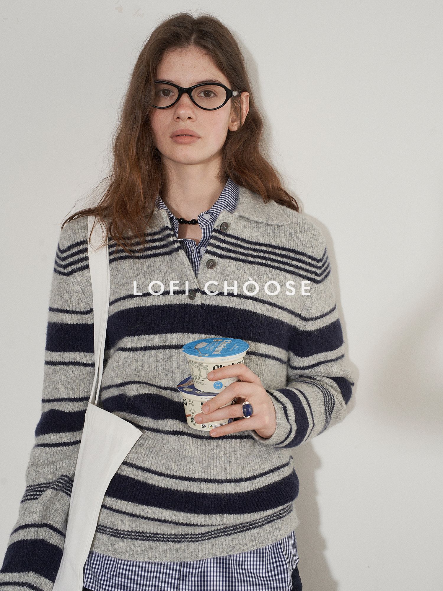 Lofi choose Soft Acrylic Wool Blend Striped Polo Collar Loose Fit Office Knitwear Sweaters