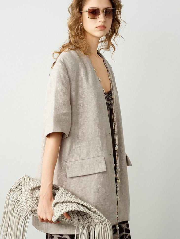 audreyyang Pure Linen Relaxed Short Sleeve Solid Casual Women Lightweight Top & Shorts Sets