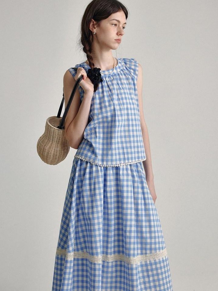 fano 100 Percent Cotton Round Neck Blue White Gingham Top & Skirt Sets