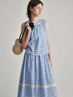 fano 100 Percent Cotton Round Neck Blue White Gingham Top & Skirt Sets
