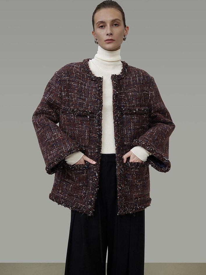 unspoken Warm Wool Blend Button Front Round Neck Relaxed Fit Office Women Short Coat