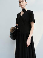 audreyyang Refined Solid V-neck Natural Waist Short Sleeve Casual Polyester Maxi Dresses