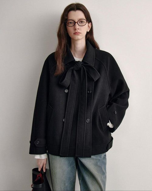 fano Elegant Double Breasted Bow Minimal Straight Fit Black Women Short Coat