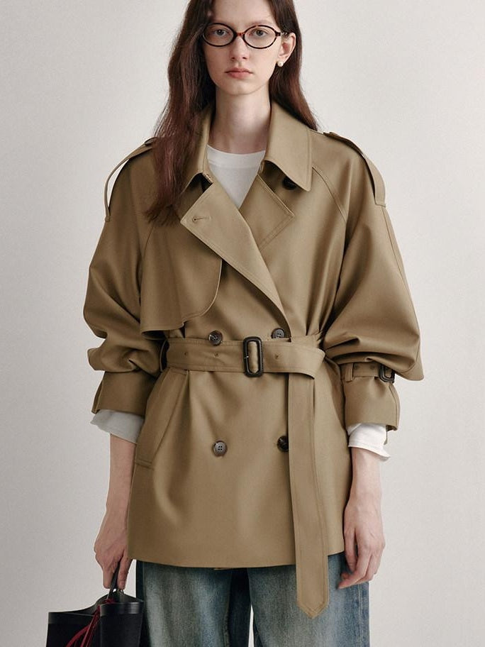 fano Double Breasted Button Front Minimal Commuter Straight Women Khaki Short Coat