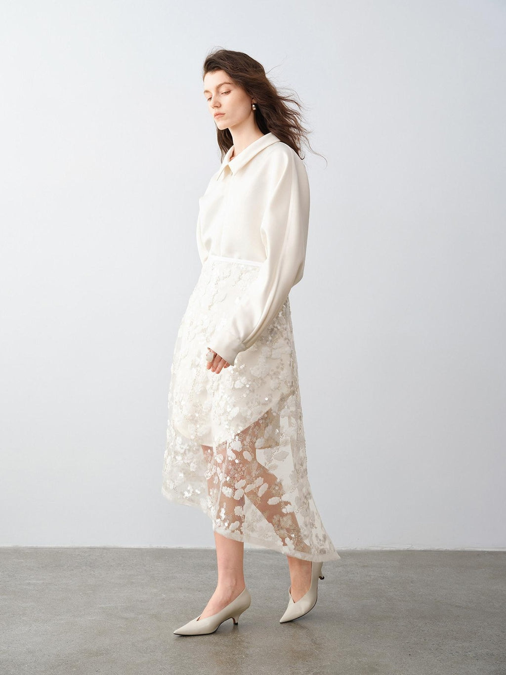 audreyyang Shimmering Sequin Lace Asymmetrical Mid Rise Tie Waist Women White Midi Skirts