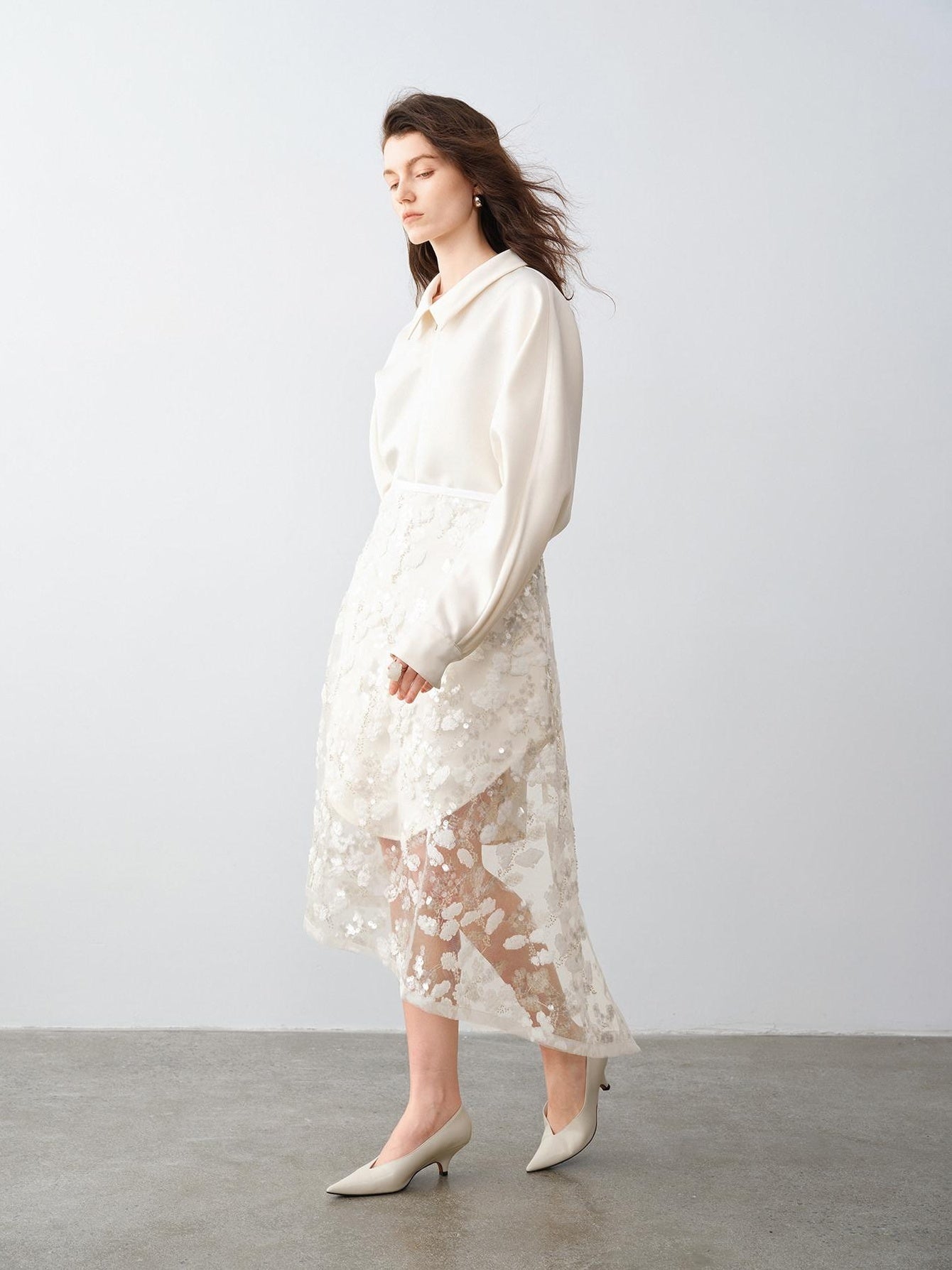 audreyyang Shimmering Sequin Lace Asymmetrical Mid Rise Tie Waist Women White Midi Skirts