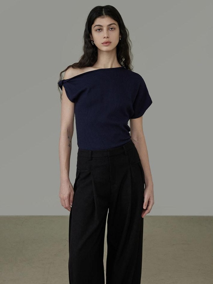 unspoken 3D Detail Slim Fit Minimal Commuter Asymmetric Neck Navy Off Shoulder Crop Tops