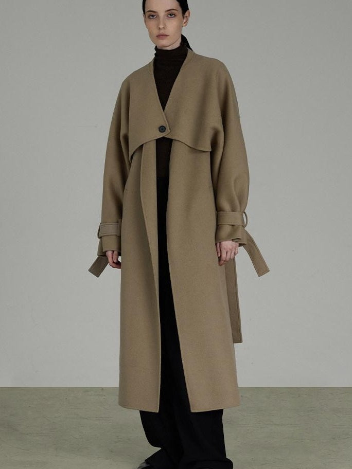 unspoken Pure Sheep Wool Long V-neck Straight Cut With Pockets Commuter Wool Coats