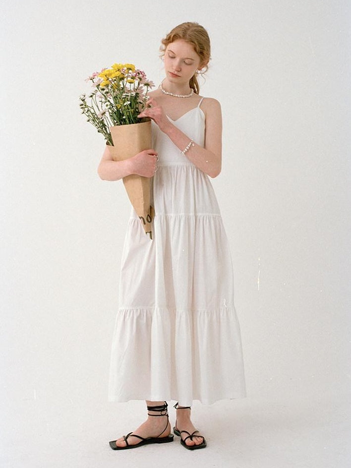 fano High Waist Pleated Minimalist V-neck Sleeveless A Line Cotton Casual Maxi Dresses