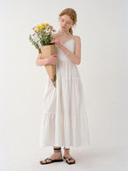 fano High Waist Pleated Minimalist V-neck Sleeveless A Line Cotton Casual Maxi Dresses