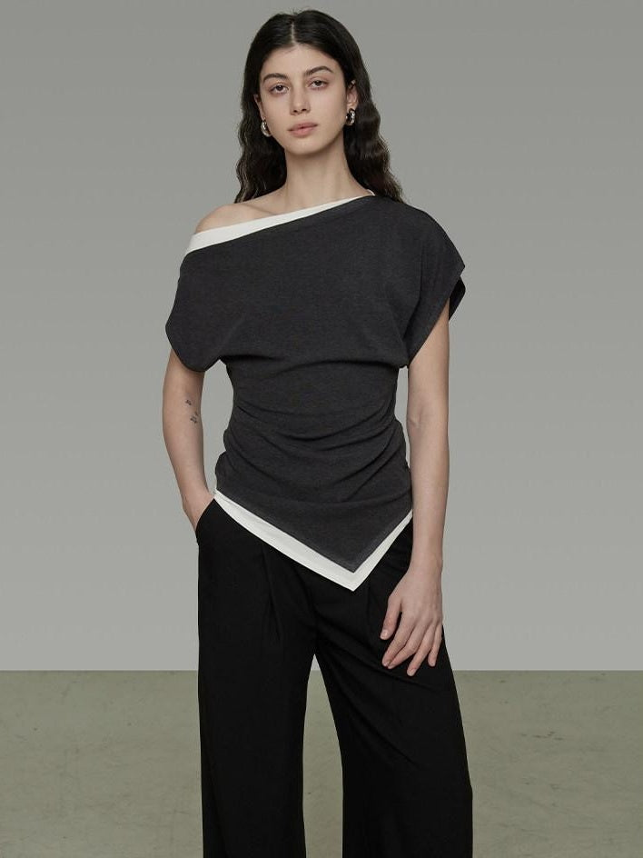 unspoken Slim Fit Colorblock Short Sleeve Pullover Slanted Collar Office Rayon Blouses