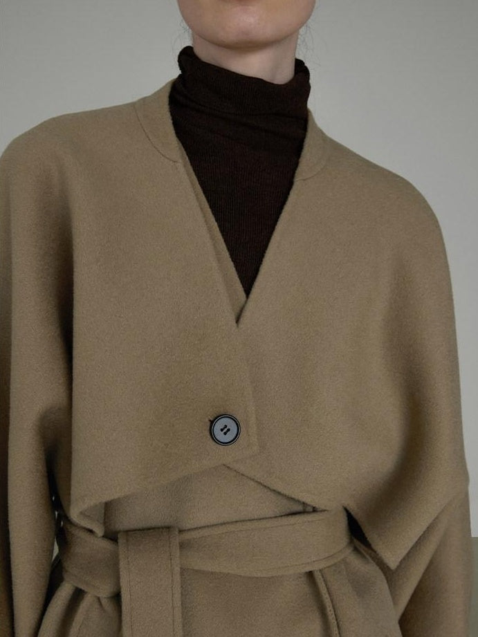 unspoken Pure Sheep Wool Long V-neck Straight Cut With Pockets Commuter Wool Coats