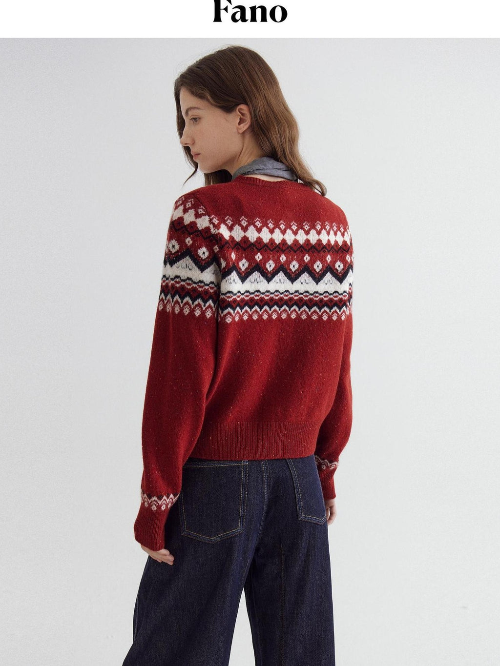 fano Warm Sheep Wool Jacquard Loose Korean Commuter Crewneck Red Women Cardigans