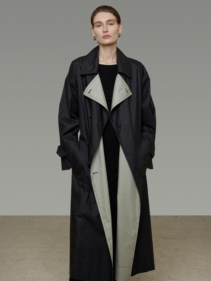 unspoken Minimal Commuter Long Double Breasted Loose Fit Women Black Olive Trench Coats