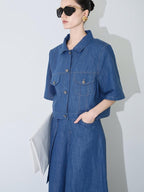 audreyyang Linen Blend Collared Short Sleeve Button Casual Denim Blue Top & Skirt Sets