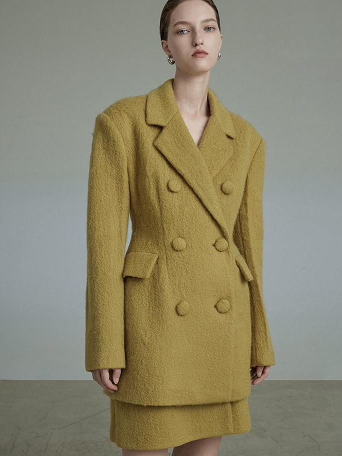 unspoken Soft Wool Double Breasted Tailored Straight Fit Mustard Yellow Blazers