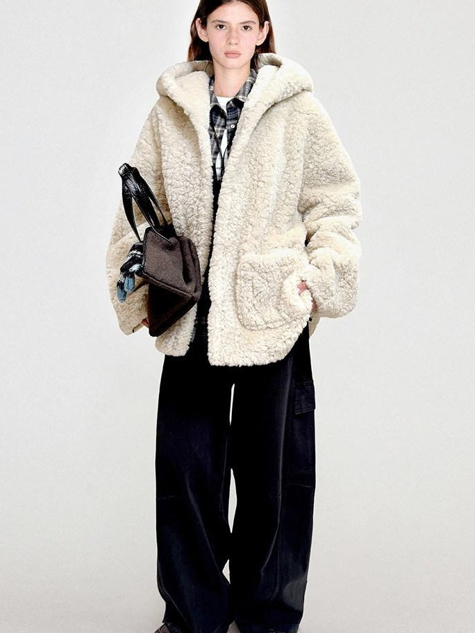 fano Warm Hooded Zip Closure Oversized Casual Boxy Fit Young Women Beige Short Coat