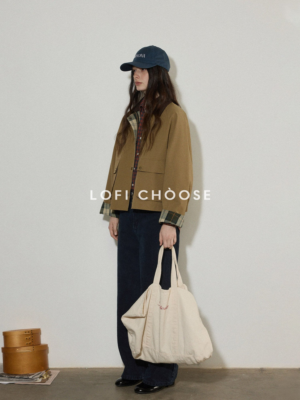 Lofi choose Plaid Zip Front Loose Fit Commuter Long Sleeve Women Sand Khaki Cropped Jackets