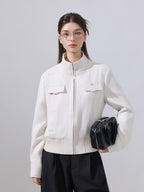 ikyou Stretch Pu Cropped Stand Collar Zipper Casual Women Cream Leather Jackets