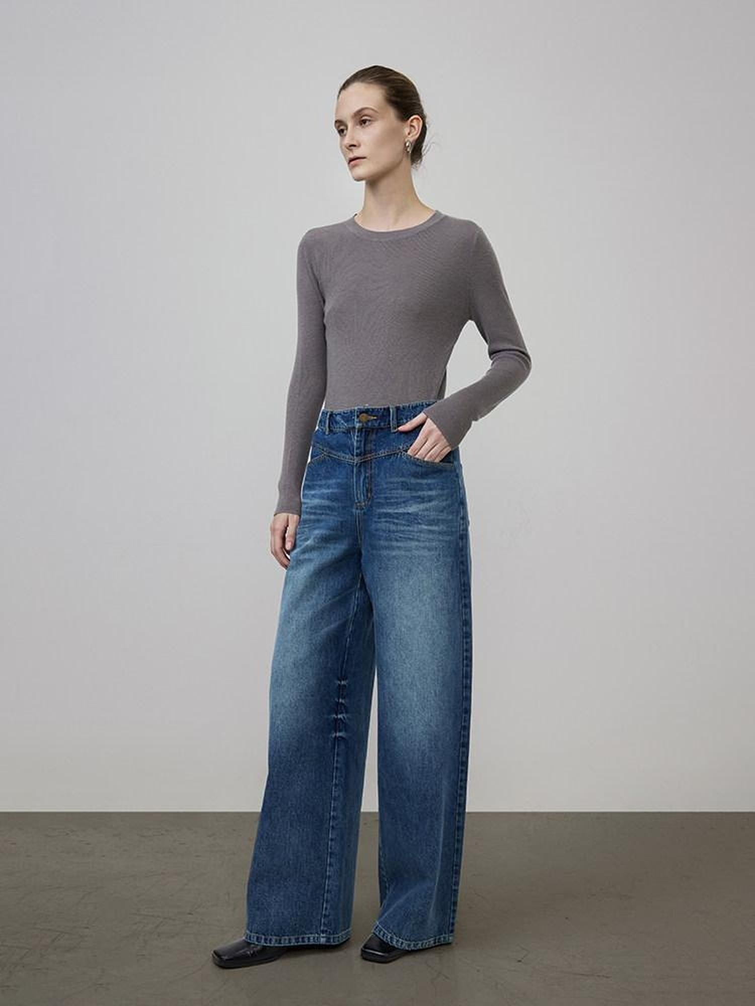 unspoken High Waist Washed Durable Denim Blue Loose Versatile Cotton Wide Leg Jeans
