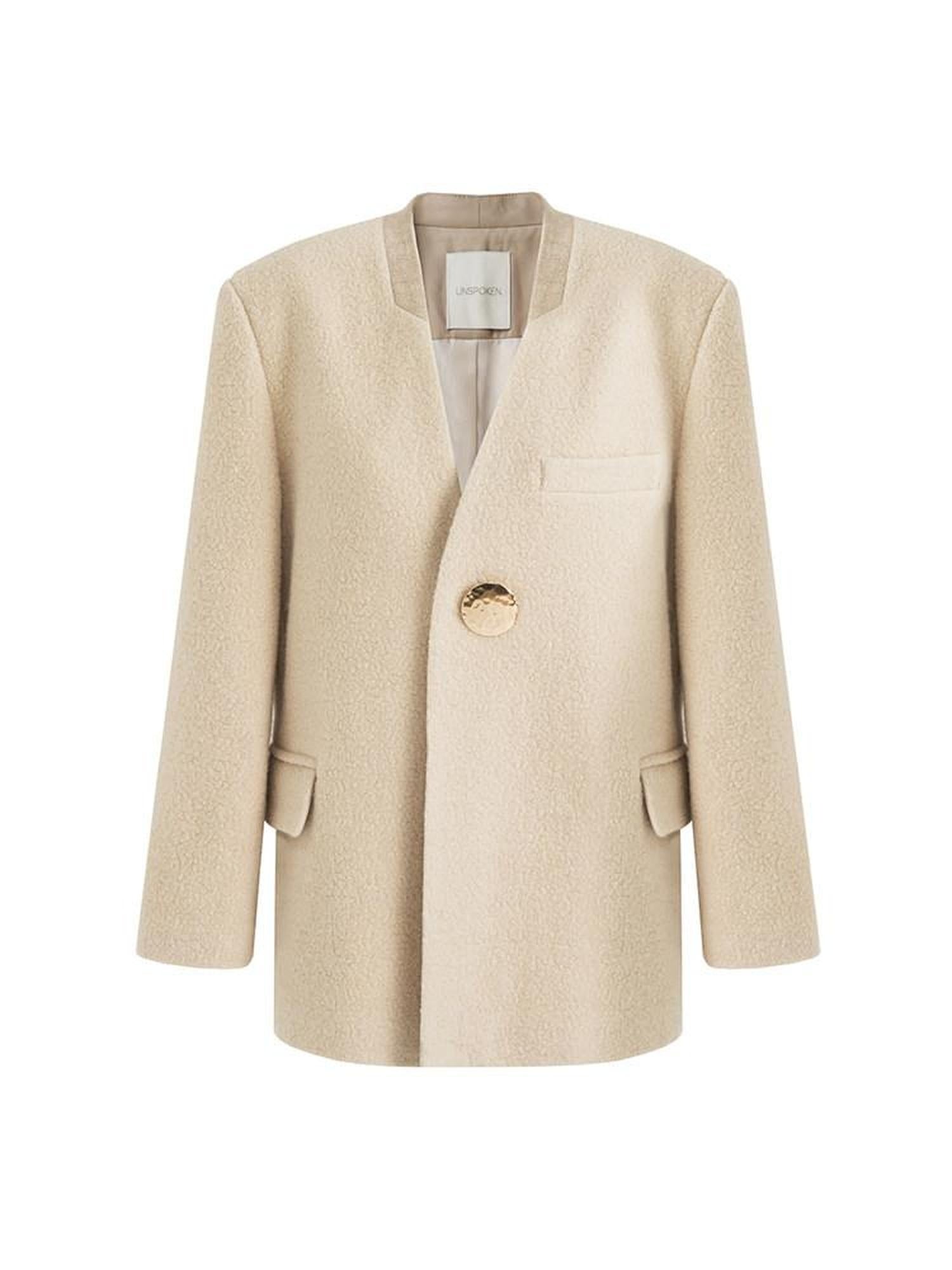 unspoken Cream Wool Blend Commuter Loose Fit V-neck Single Button Women Wool Coats