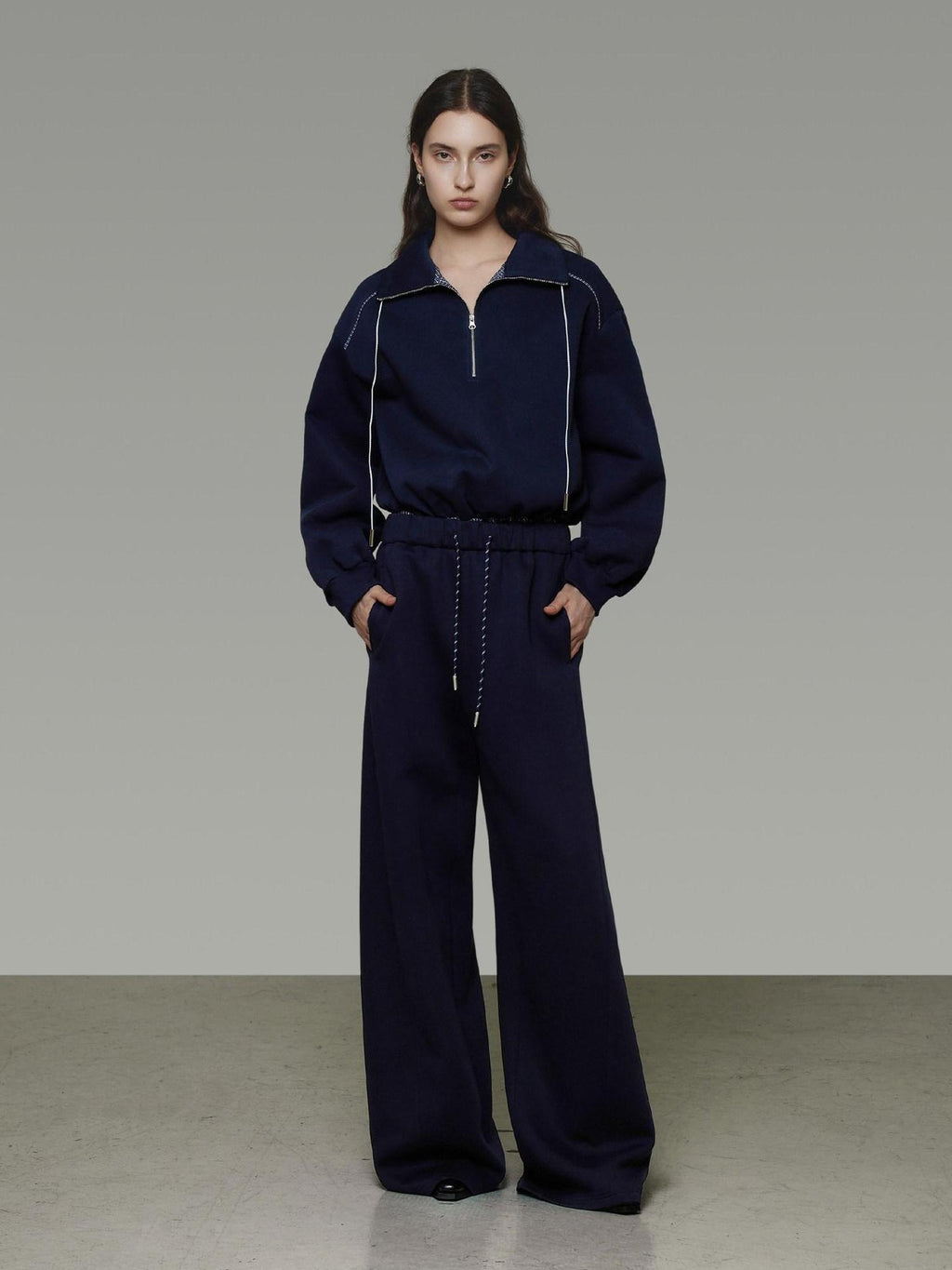 unspoken Breathable Soft Cotton Minimal Mid Rise Drawstring Navy Women Wide Leg Pants