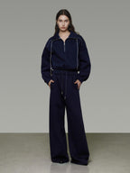 unspoken Breathable Soft Cotton Minimal Mid Rise Drawstring Navy Women Wide Leg Pants