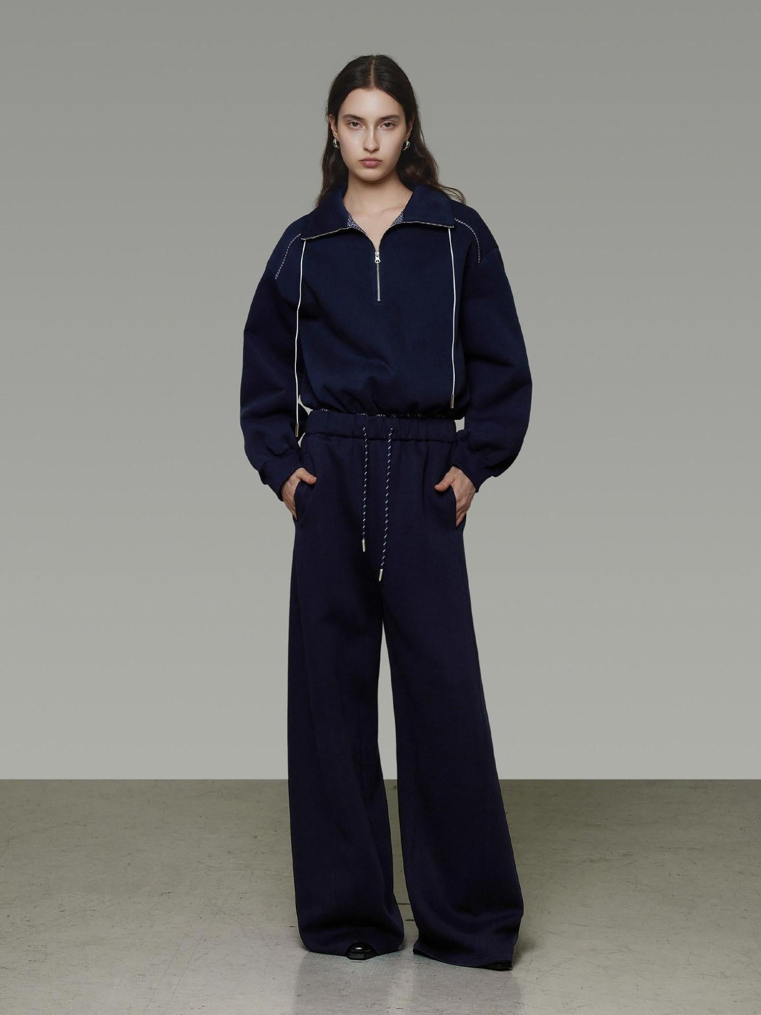 unspoken Breathable Soft Cotton Minimal Mid Rise Drawstring Navy Women Wide Leg Pants