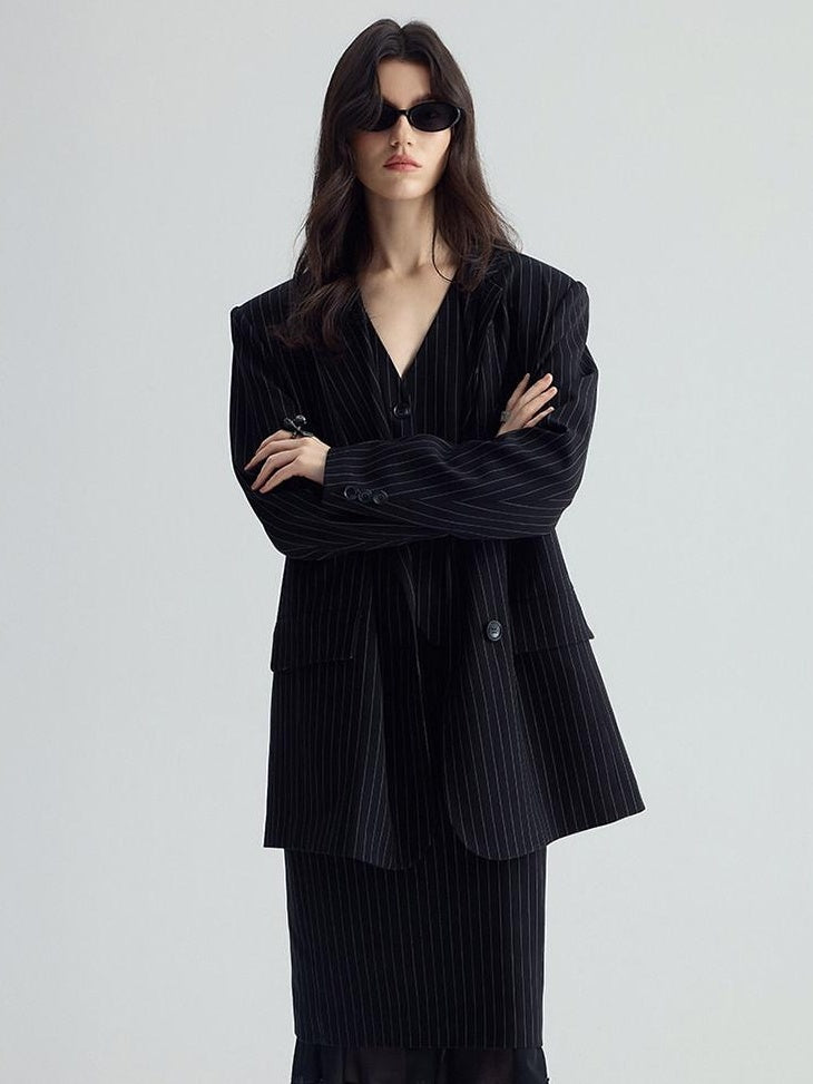 audreyyang Original Design Relaxed Fit Double Breasted Women Black Polyester Blazers