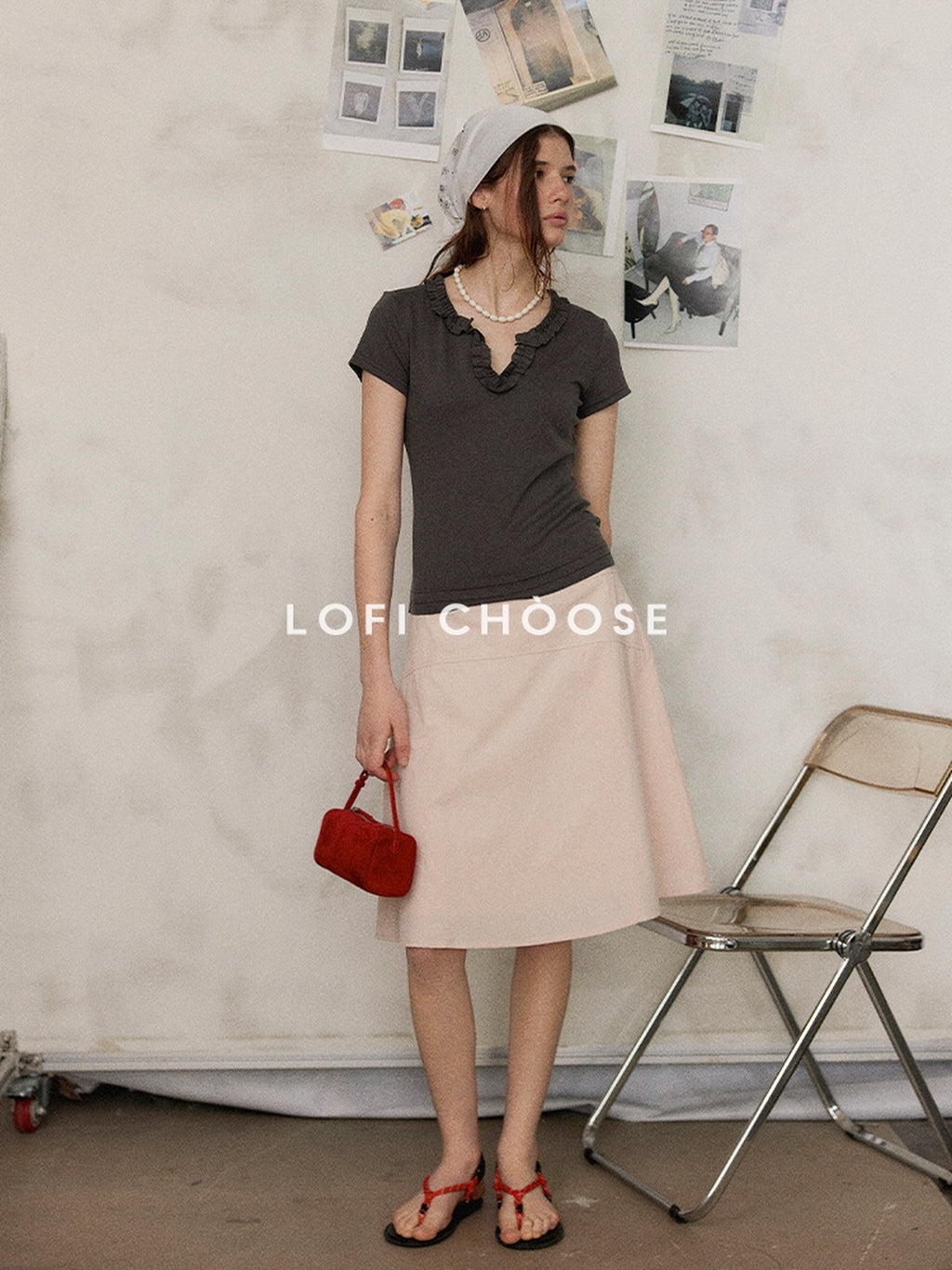 Lofi choose Comfortable V-neck Slim Fit Casual Women Dark Gray Green Short Sleeve T-Shirts
