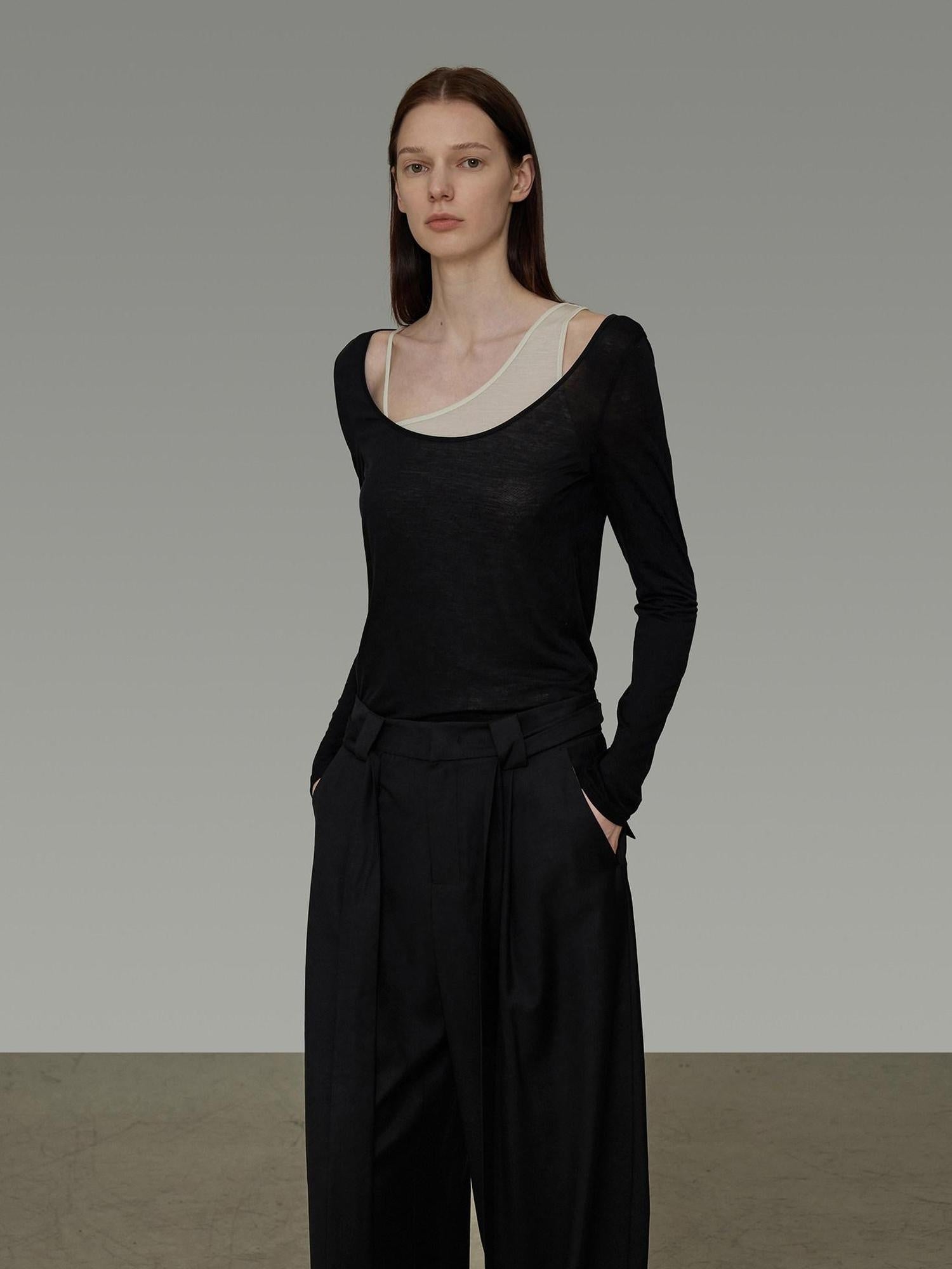 unspoken Minimal Slim V-neck Split Hem Long Sleeve Button Solid Black Beige Women Blouses