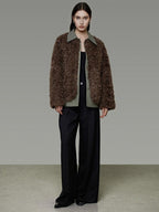 unspoken Warm Patchwork Lapel Loose Fit Minimalist Women Chestnut Short Coat