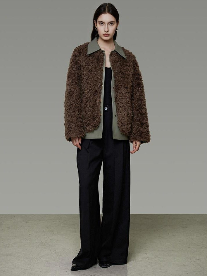 unspoken Warm Patchwork Lapel Loose Fit Minimalist Women Chestnut Short Coat