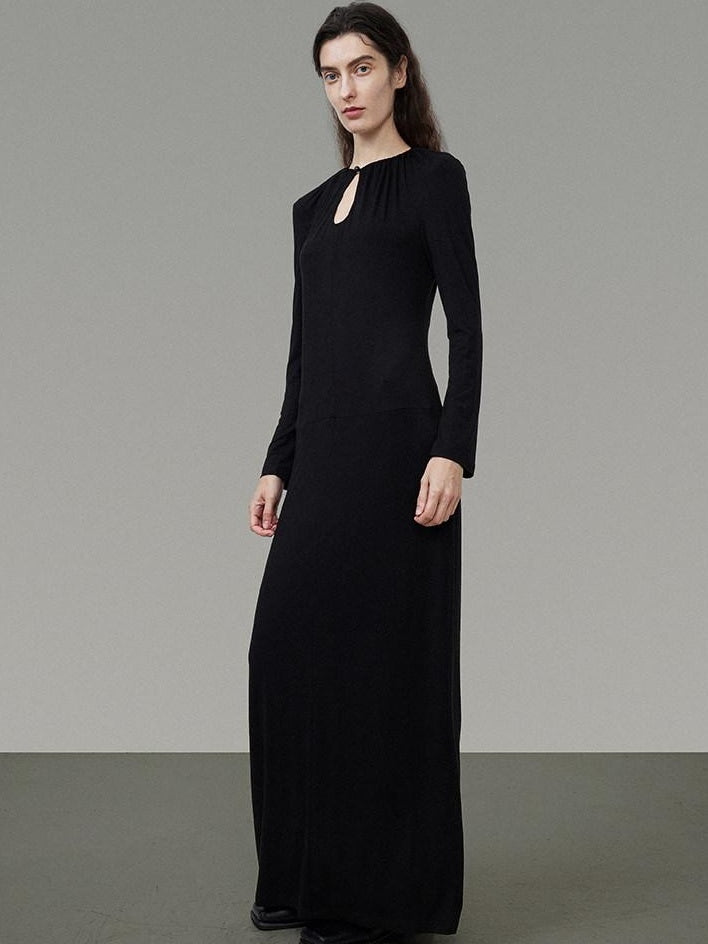 unspoken Waist Cinch Commuter Long Sleeve Drop Neck Black Womens Hline Maxi Dresses