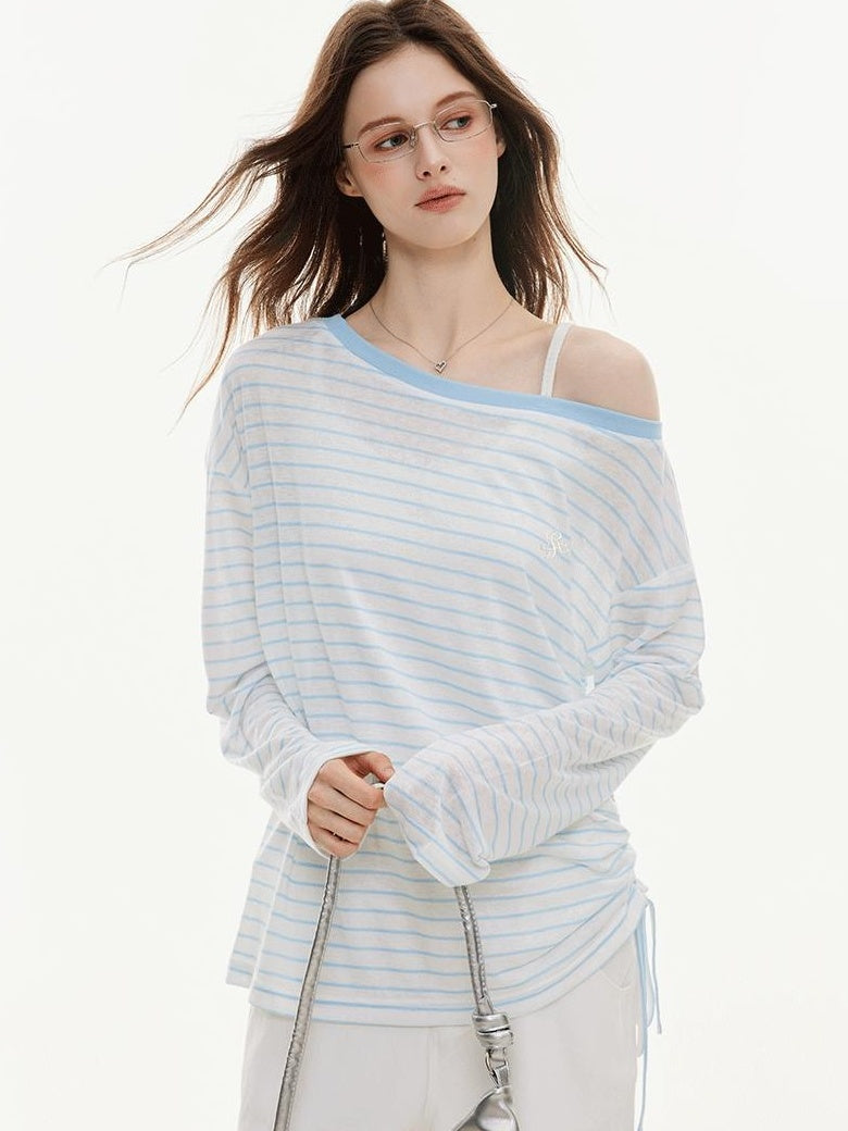 ikyou Cooling Lyocell Loose Embroidered Women Blue Striped Long Sleeve T-Shirts