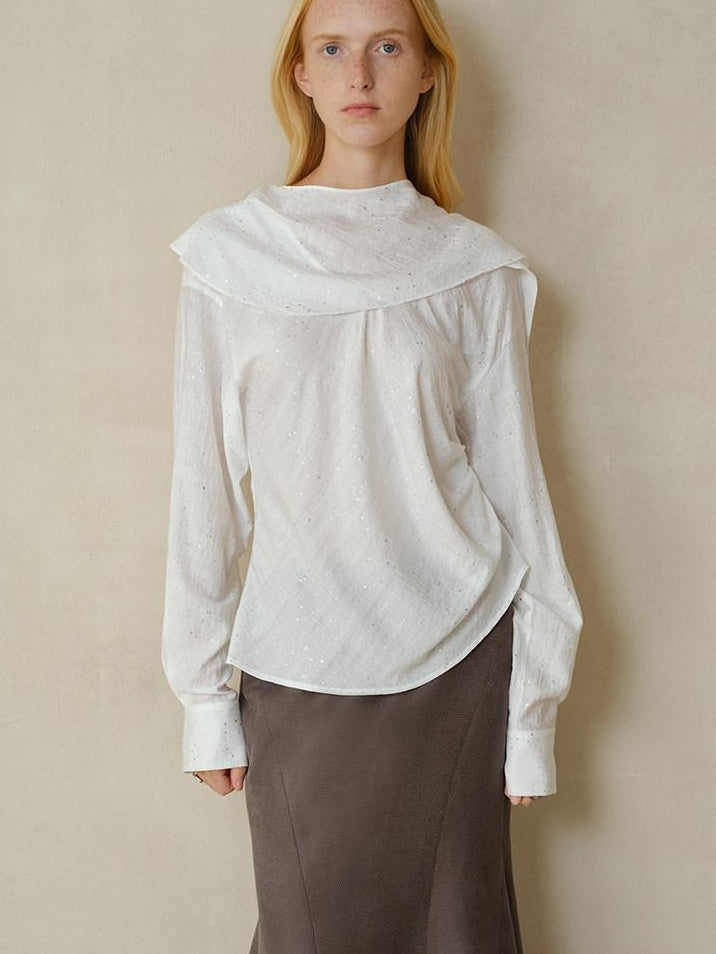 someonesometimes Cooling French Loose Round Neck Sparkle White Nylon Long Sleeve Blouses