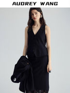 audreyyang Padded V-neck Striped Cropped Commuter Strap Women Black Single Button Vests