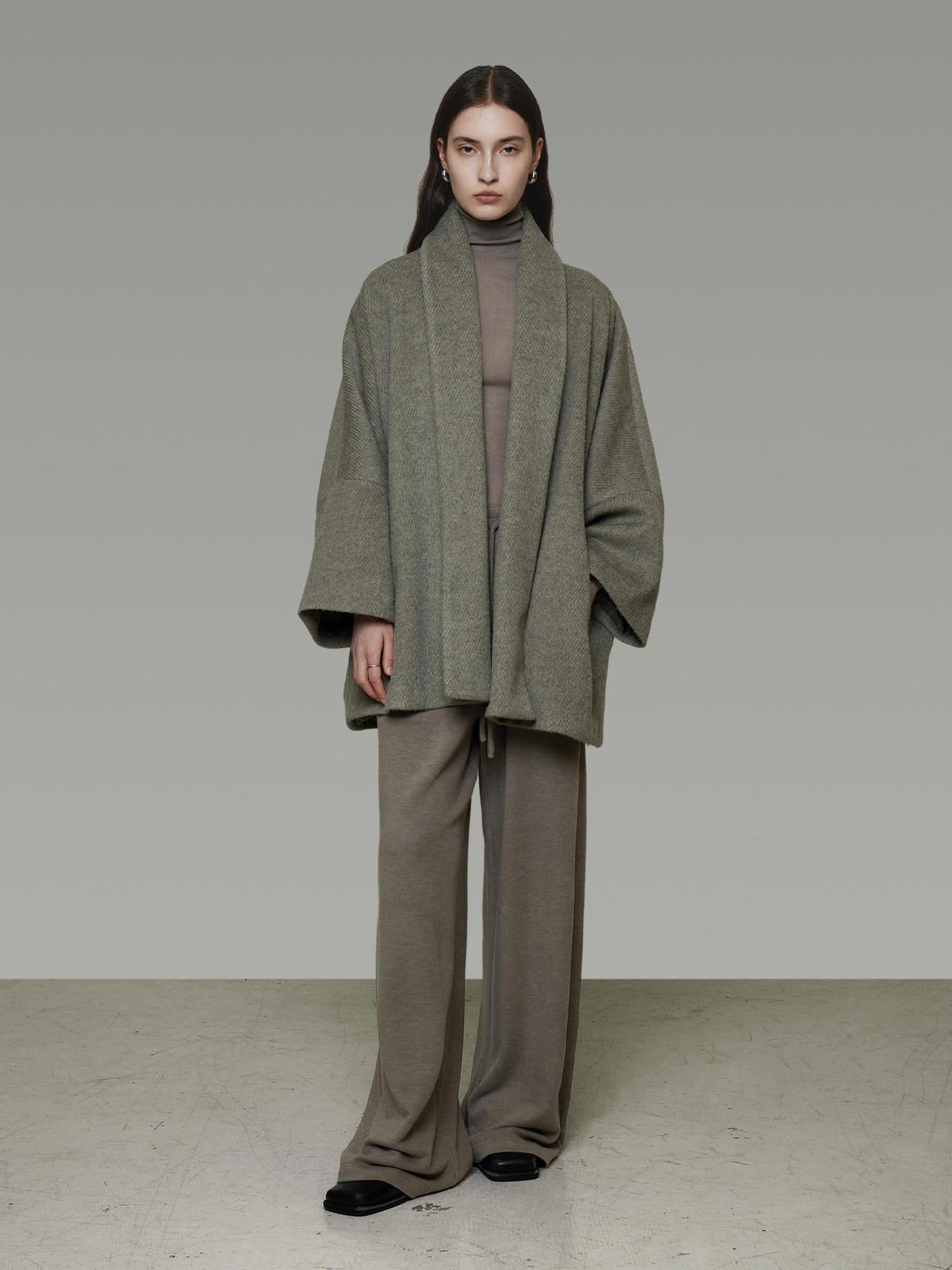 unspoken Soft Wool Blend Tailored Cut Minimal Commuter Loose Fit Tobacco Green Wool Coats