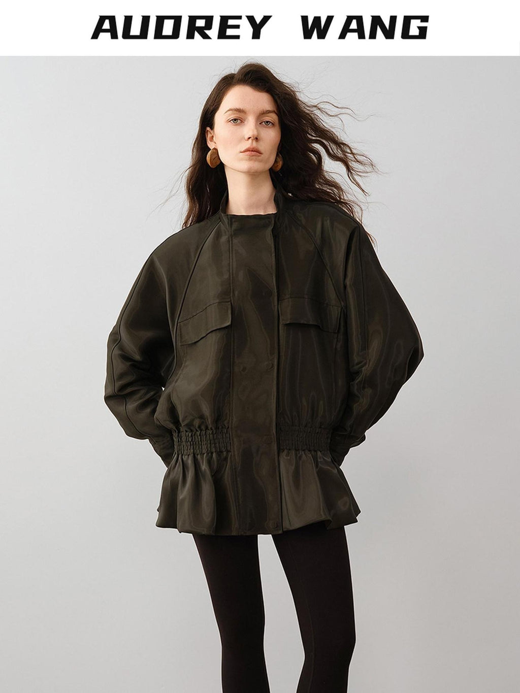 audreyyang Drawstring Techwear Loose Fit Womens Long Sleeve Button Cropped Jackets