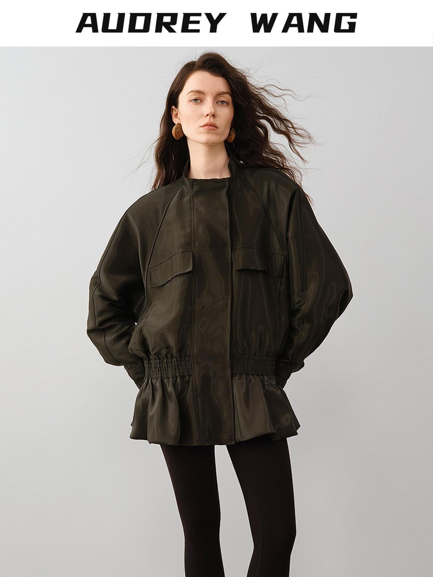 audreyyang Drawstring Techwear Loose Fit Womens Long Sleeve Button Cropped Jackets