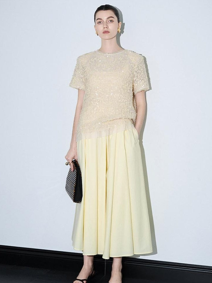 audreyyang 100% Cotton Lined Pleated H Line Mid Waist Bright Yellow Midi Skirts