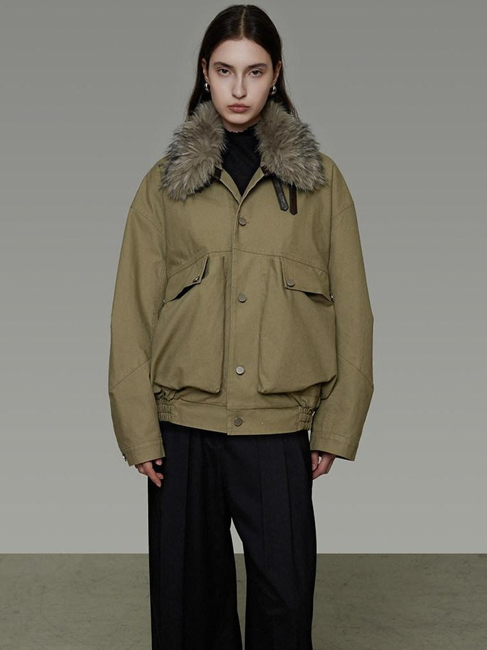 unspoken Thick Fleece Lined Fur Collar Loose Minimal Commuter Women Sage Puffer Jackets