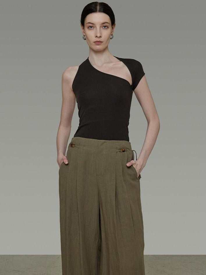 unspoken Soft Lyocell Asymmetric Neck Fitted Stone Green Off Shoulder Crop Tops
