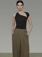 unspoken Soft Lyocell Asymmetric Neck Fitted Stone Green Off Shoulder Crop Tops