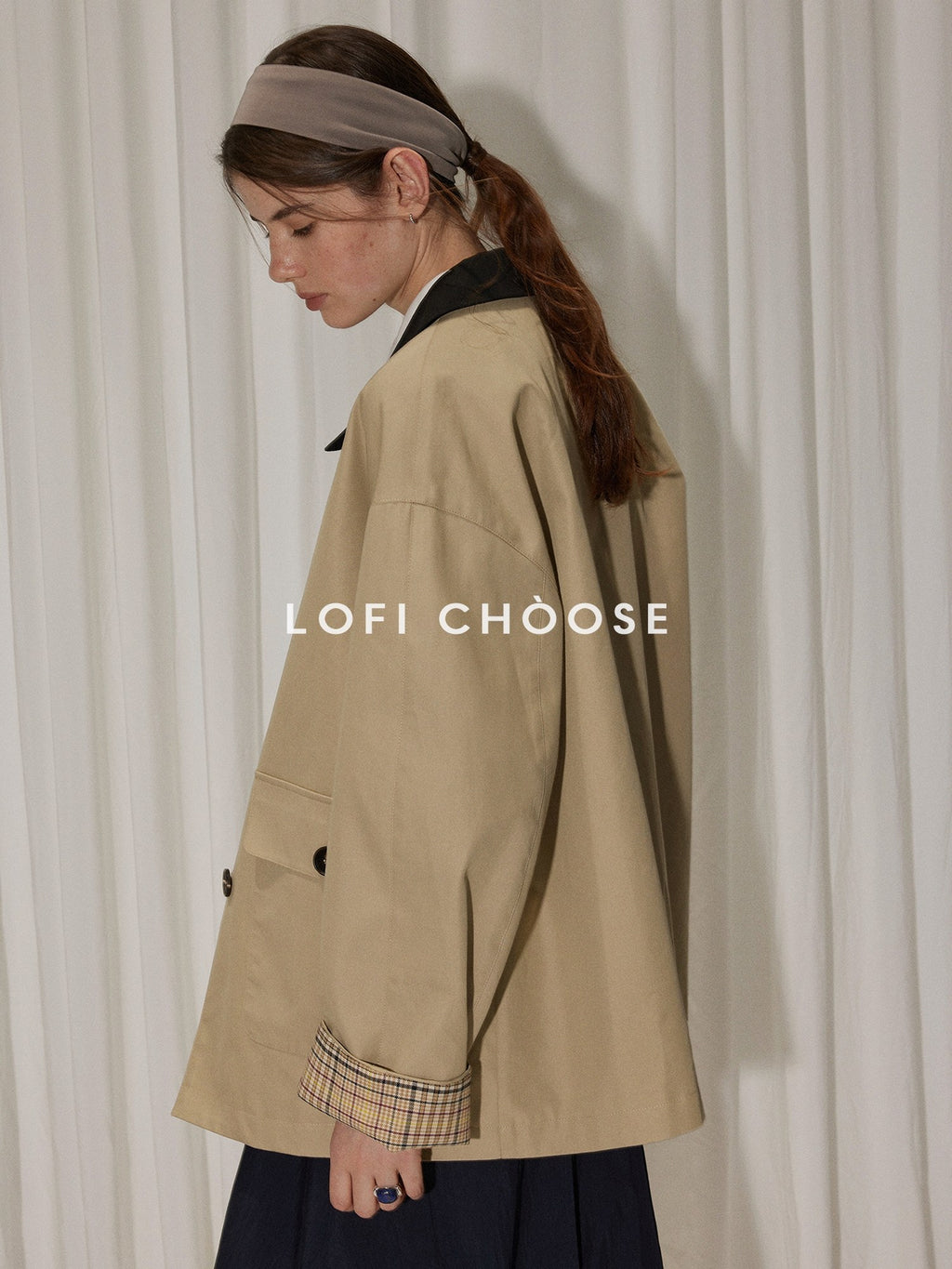 Lofi choose Cotton Blend Loose Fit Commuter Short Single Breasted Khaki Black Trench Coats