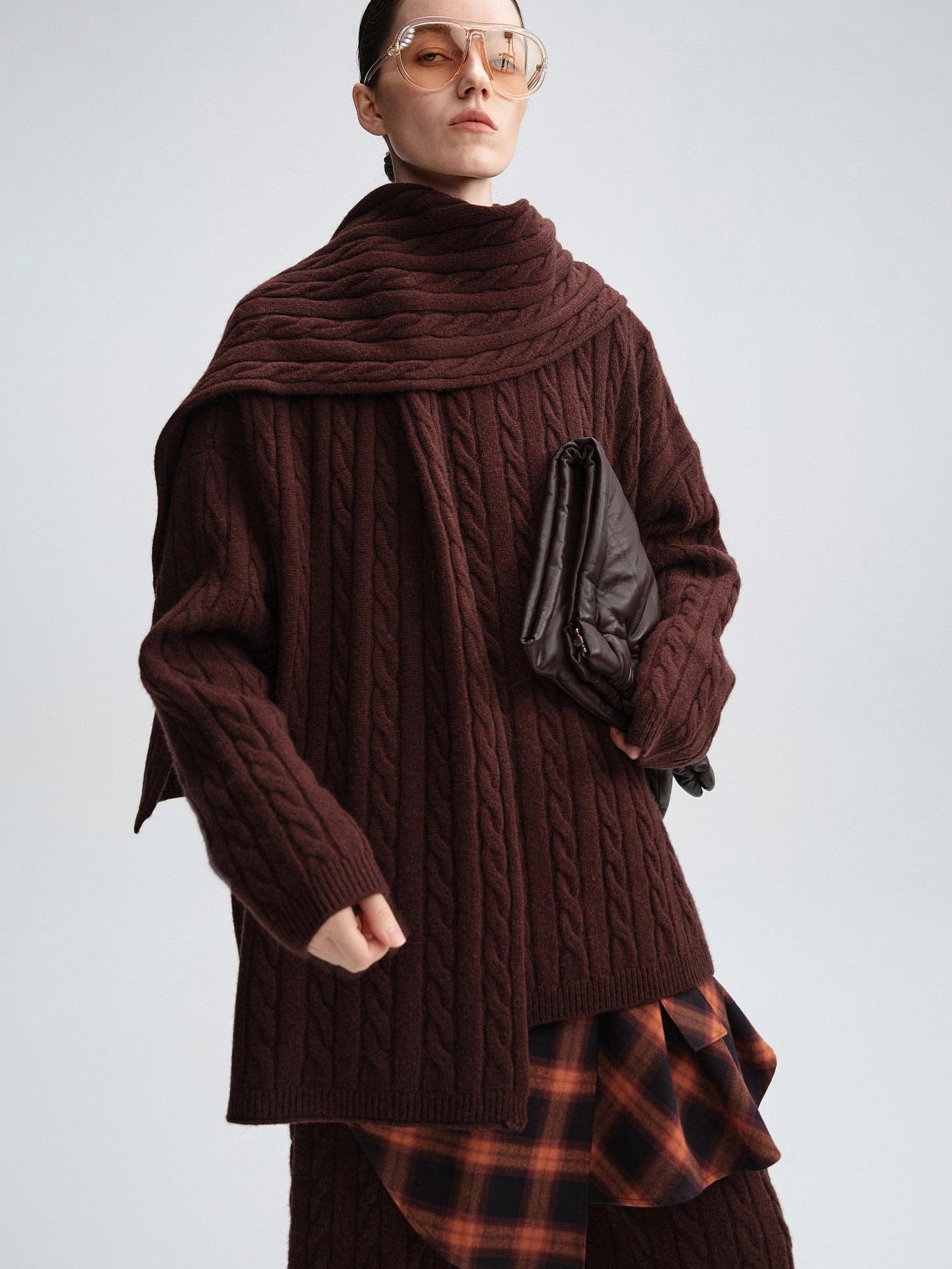 audreyyang 100 Percent Sheepswool Thick Vintage Loose Built In Scarf Women Knit Sweaters