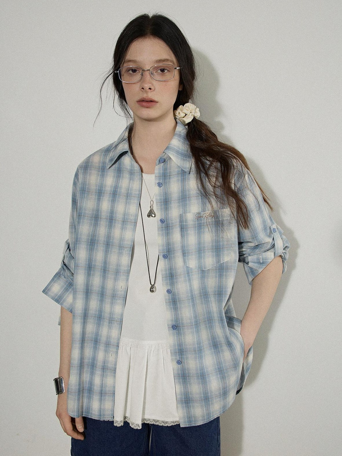 Lofi choose Pure Cotton Colorblock Plaid Embroidered Loose Commuter Office Women Shirts