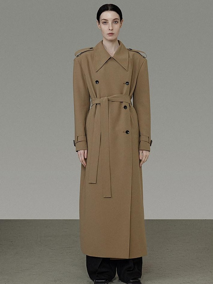 unspoken Double Breasted Straight Minimalist Office Tea Brown Longline Women Trench Coats
