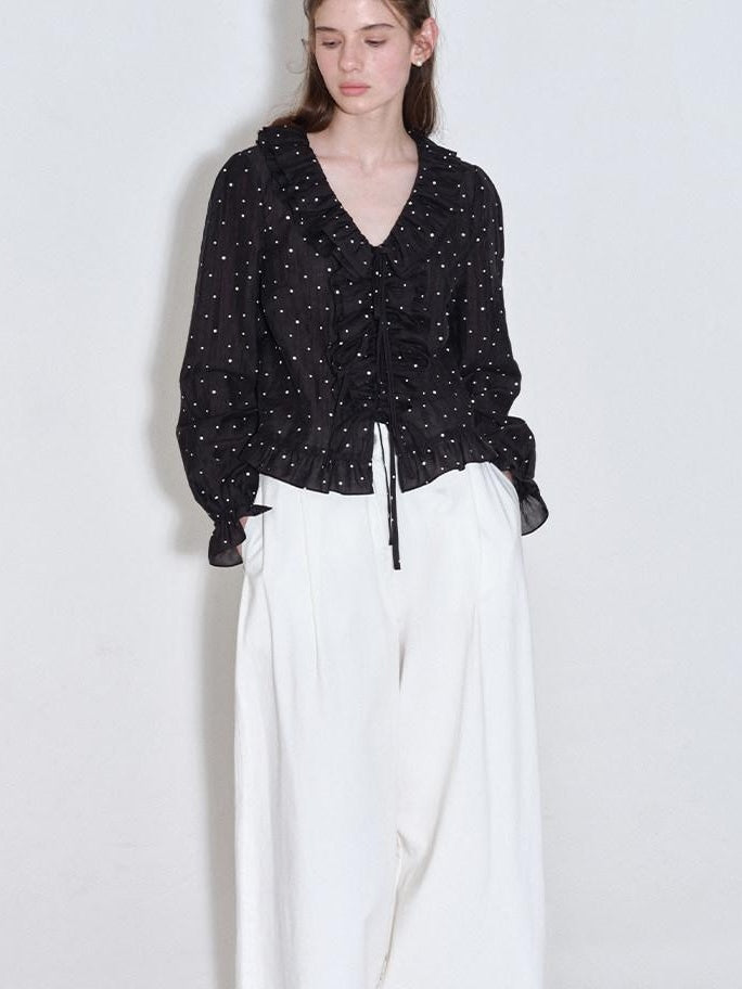 fano Shape Retaining Lyocell Korean Slim Fit V-neck Long Sleeve Polka Dot Blouses